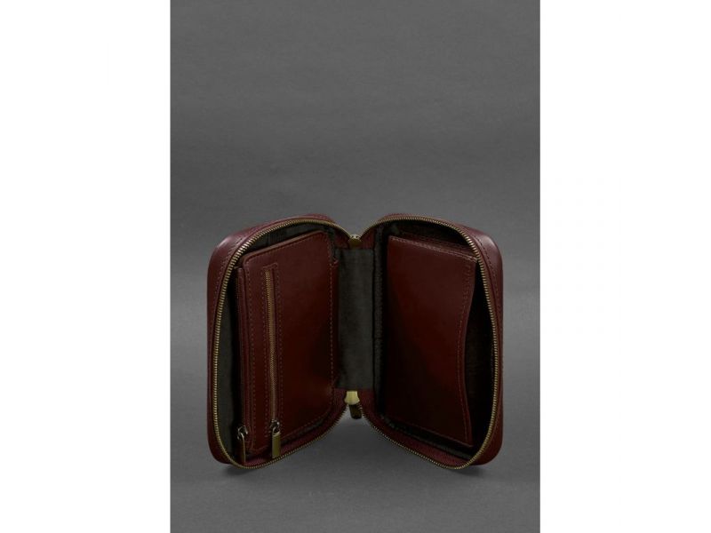 Кожаный дорожный органайзер для проводов, косметичка-несессер 7.0 бордовый краст, фото 6