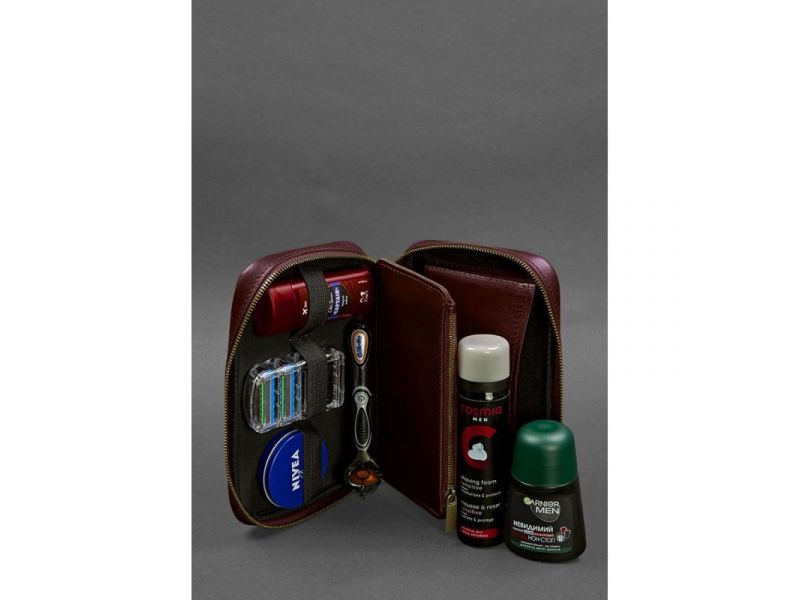 Кожаный дорожный органайзер для проводов, косметичка-несессер 7.0 бордовый краст, фото 7