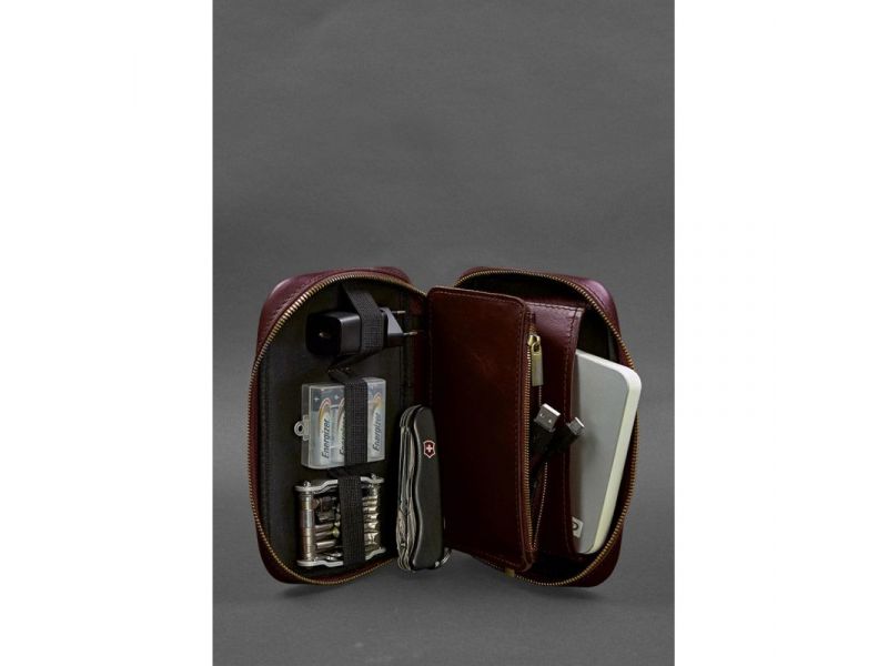 Кожаный дорожный органайзер для проводов, косметичка-несессер 7.0 бордовый краст, фото 2