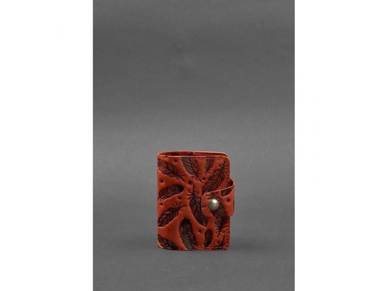 Кожаный кард-кейс 7.1 (Книжечка) коралловый с перьями Crazy Horse, фото 1