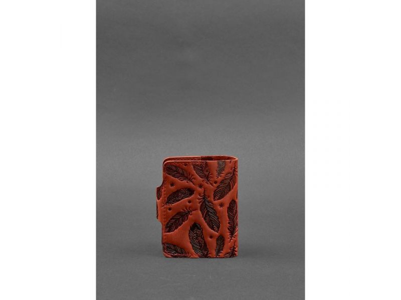 Кожаный кард-кейс 7.1 (Книжечка) коралловый с перьями Crazy Horse, фото 4