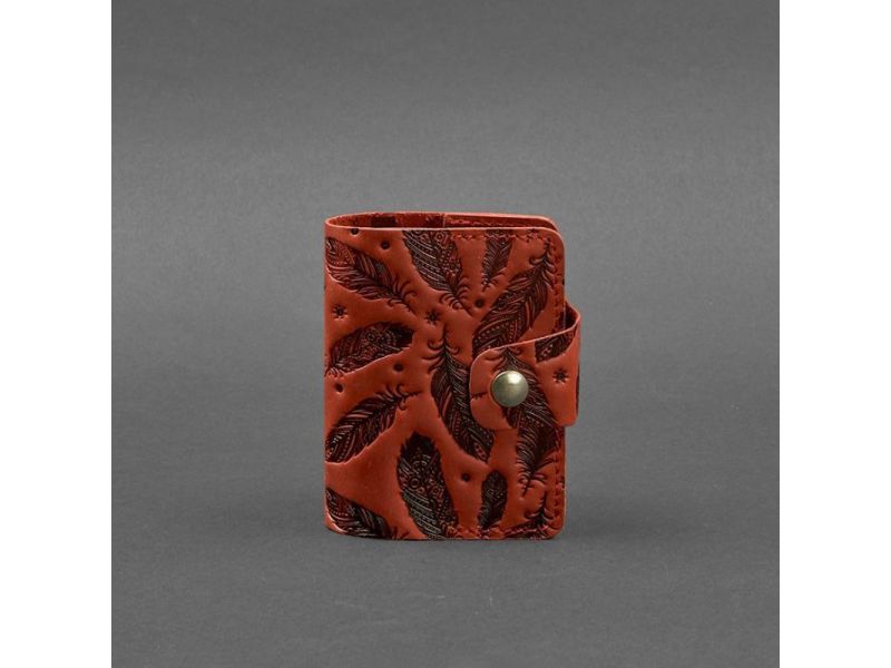 Кожаный кард-кейс 7.1 (Книжечка) коралловый с перьями Crazy Horse, фото 5