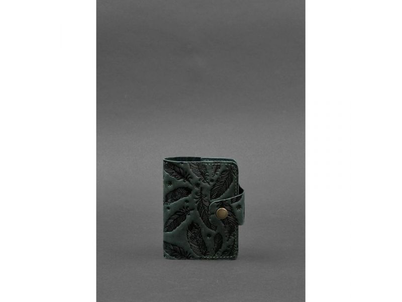 Кожаный кард-кейс 7.1 (Книжечка) зеленый с перьями Crazy Horse, фото 1