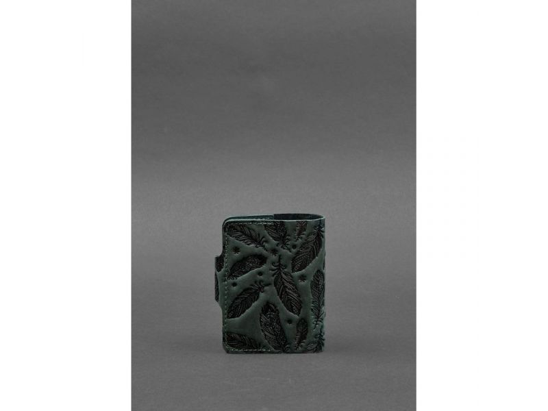 Кожаный кард-кейс 7.1 (Книжечка) зеленый с перьями Crazy Horse, фото 4