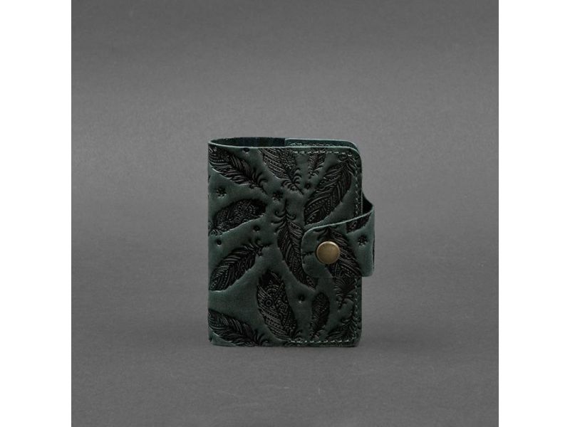 Кожаный кард-кейс 7.1 (Книжечка) зеленый с перьями Crazy Horse, фото 5