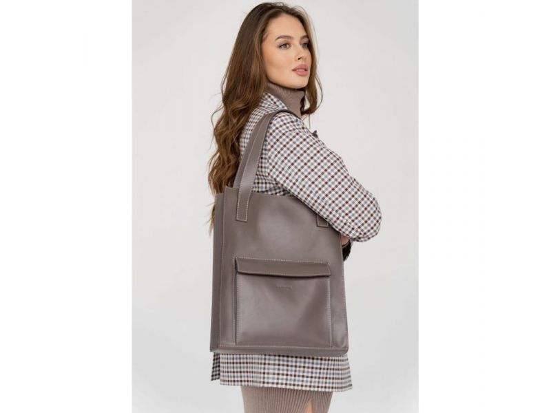 Кожаная женская сумка шоппер Бэтси с карманом темно-бежевая Краст, фото 1