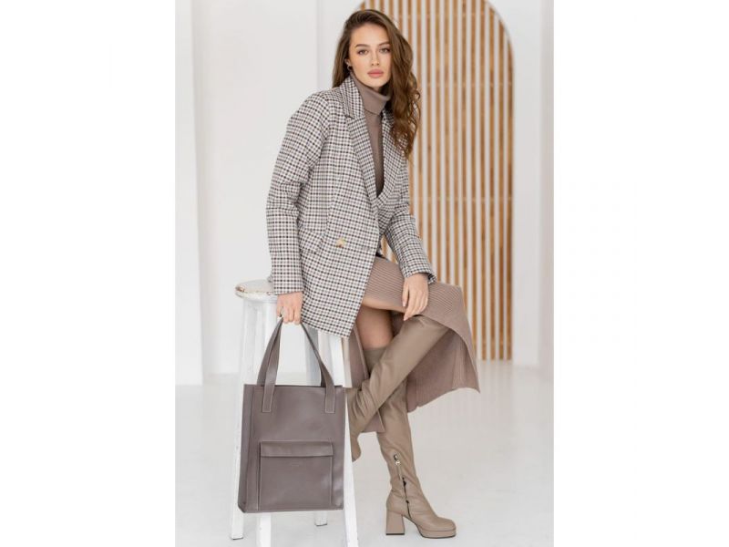 Кожаная женская сумка шоппер Бэтси с карманом темно-бежевая Краст, фото 2