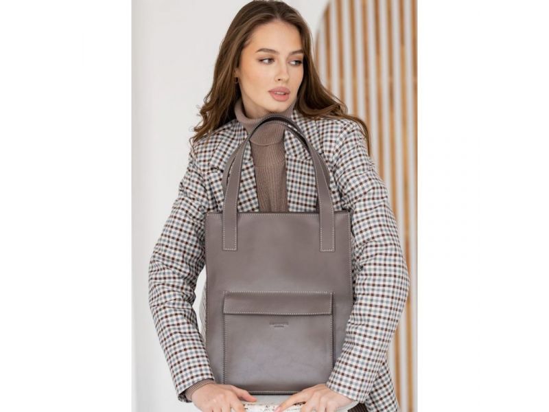 Кожаная женская сумка шоппер Бэтси с карманом темно-бежевая Краст, фото 3