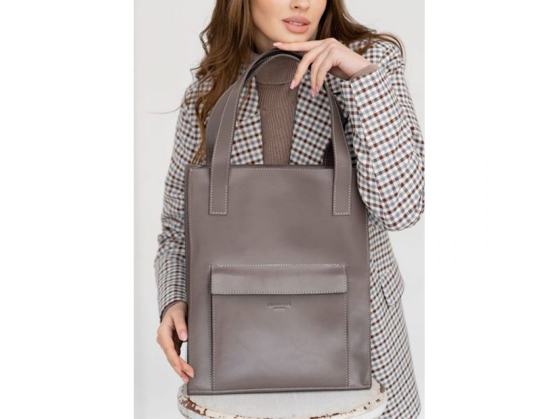 Кожаная женская сумка шоппер Бэтси с карманом темно-бежевая Краст, фото 6