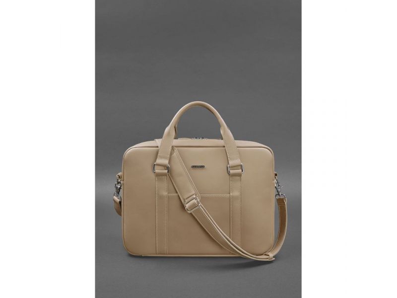 Кожаная сумка для ноутбука и документов светло-бежевая, фото 3