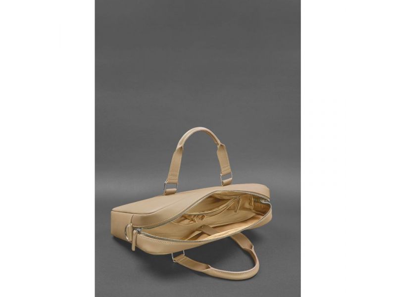 Кожаная сумка для ноутбука и документов светло-бежевая, фото 4