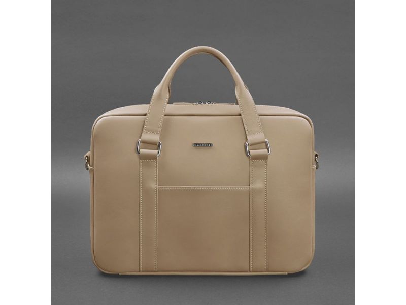 Кожаная сумка для ноутбука и документов светло-бежевая, фото 5