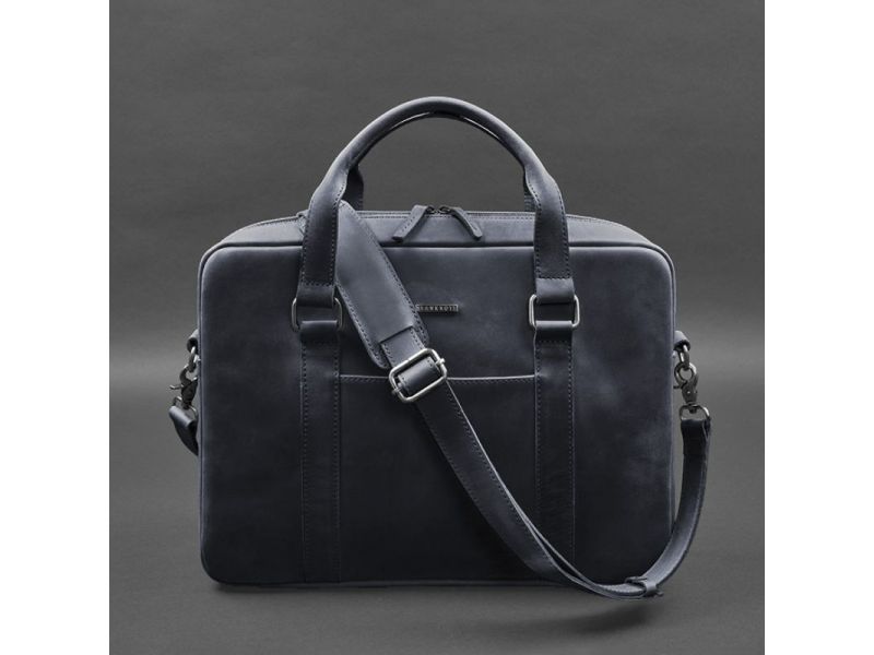 Кожаная сумка для ноутбука и документов синяя Crazy Horse, фото 5