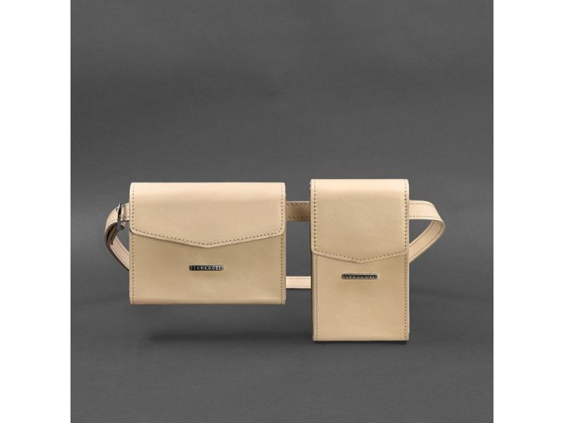 Набор женских кожаных сумок Mini поясная/кроссбоди светло-бежевый, фото 10