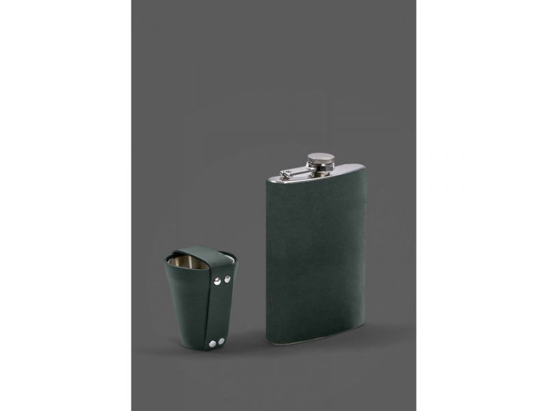 Набор с флягой и рюмками в кожаном чехле зеленый Crazy Horse, фото 1