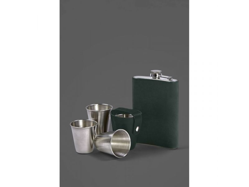 Набор с флягой и рюмками в кожаном чехле зеленый Crazy Horse, фото 2