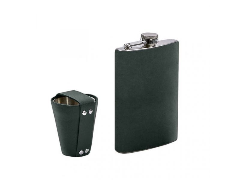 Набор с флягой и рюмками в кожаном чехле зеленый Crazy Horse, фото 4