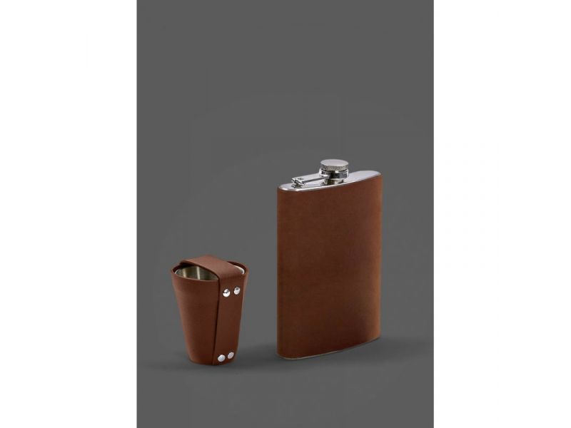 Набор с флягой и рюмками в кожаном чехле светло-коричневый Crazy Horse, фото 1