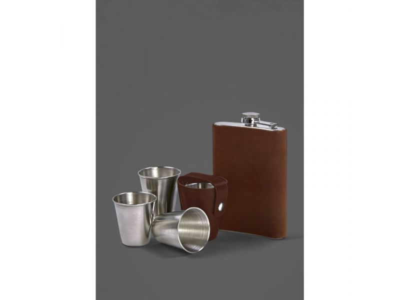 Набор с флягой и рюмками в кожаном чехле светло-коричневый Crazy Horse, фото 2