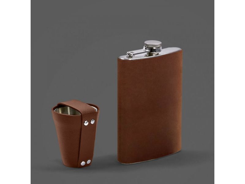 Набор с флягой и рюмками в кожаном чехле светло-коричневый Crazy Horse, фото 3