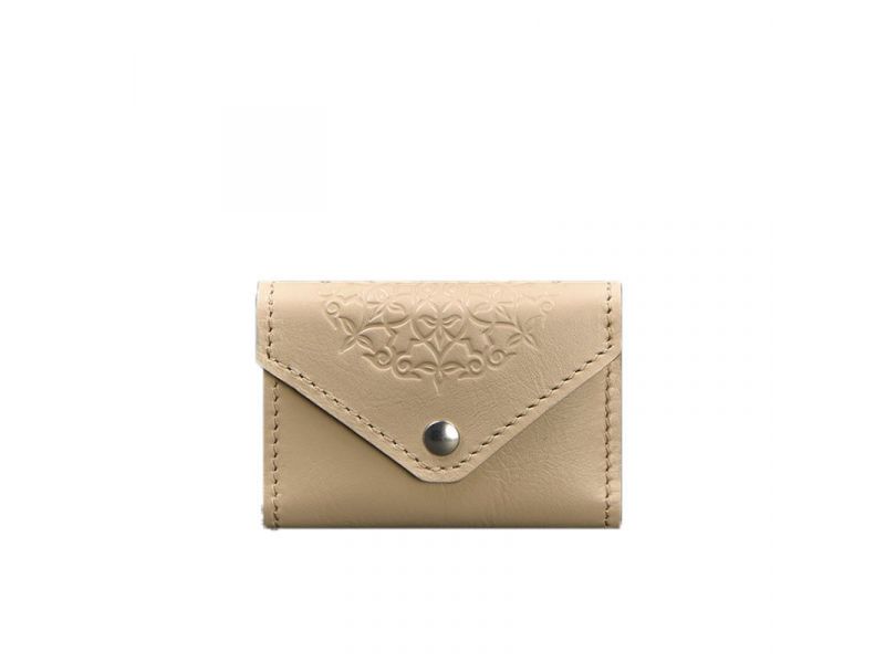 Женский кожаный кард-кейс 3.0 (Гармошка) светло-бежевый с мандалой, фото 6