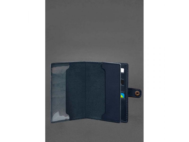 Кожаная обложка-портмоне для военного билета 15.0 темно-синяя Crazy Horse, фото 2