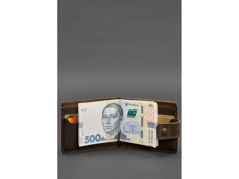 Кожаное портмоне 13.1 зажим с хлястиком темно-коричневое Crazy Horse, фото 5