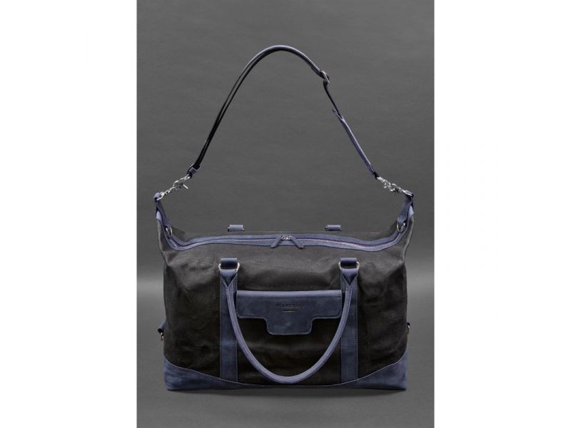 Дорожная сумка из канваса и натуральной темно-синей кожи  Crazy Horse, фото 6