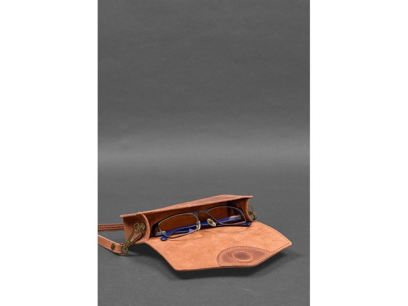 Кожаная сумка-футляр для очков (мини-сумка) светло-коричневая Crazy Horse, фото 7