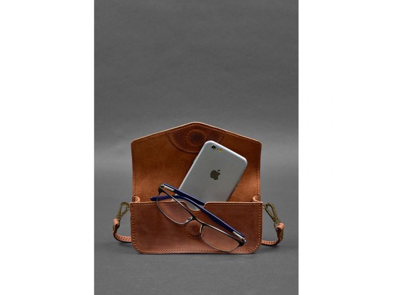Кожаная сумка-футляр для очков (мини-сумка) светло-коричневая Crazy Horse, фото 3