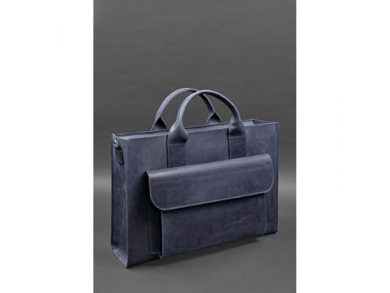 Кожаная сумка для ноутбука и документов Универсальная синяя Crazy Horse, фото 4