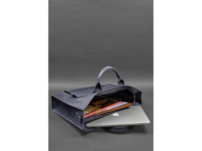 Кожаная сумка для ноутбука и документов Универсальная синяя Crazy Horse, фото 9