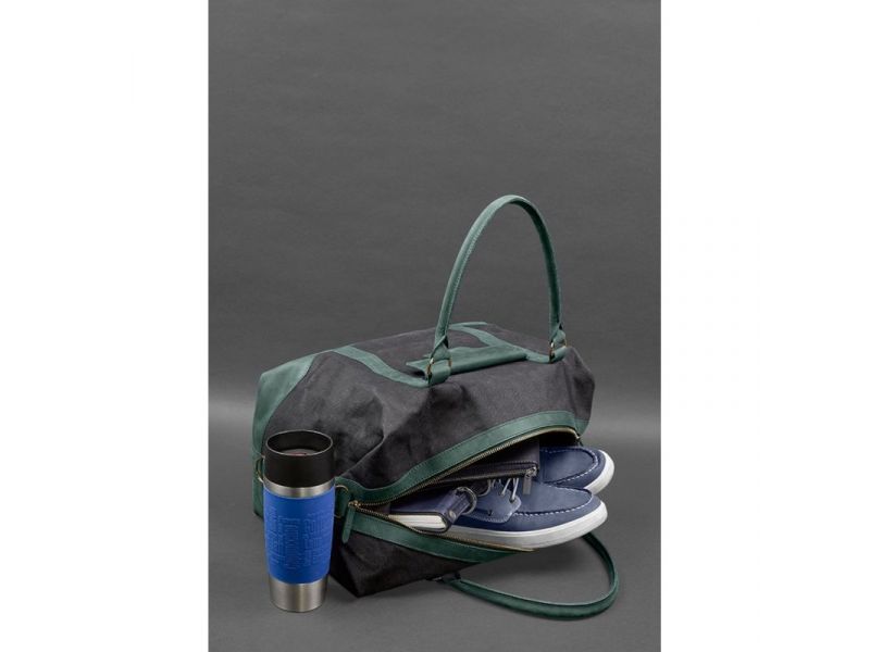 Дорожная сумка из канваса и натуральной зеленой кожи  Crazy Horse, фото 10