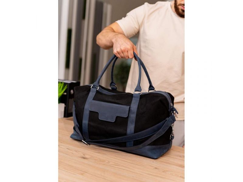 Дорожная сумка из канваса и натуральной темно-синей кожи  Crazy Horse, фото 1