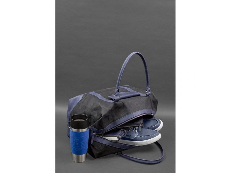 Дорожная сумка из канваса и натуральной темно-синей кожи  Crazy Horse, фото 9