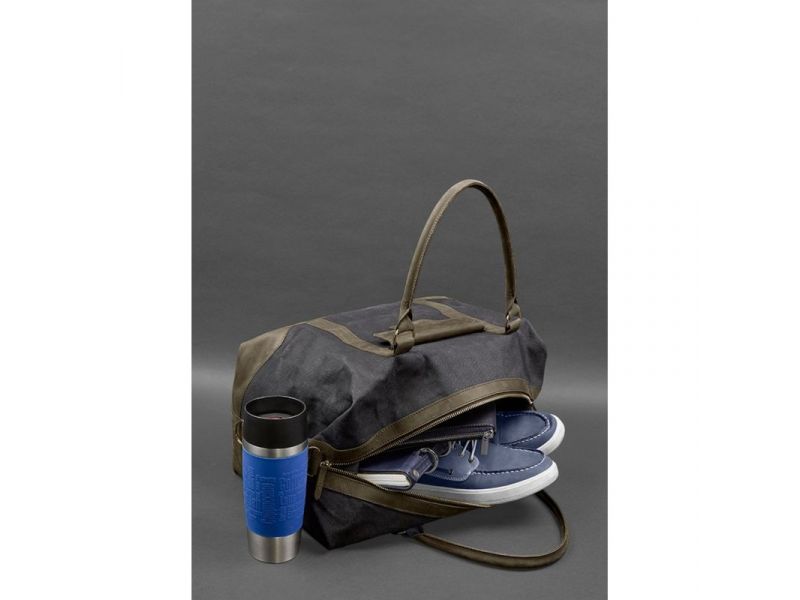 Дорожная сумка из канваса и натуральной темно-коричневой кожи  Crazy Horse, фото 9