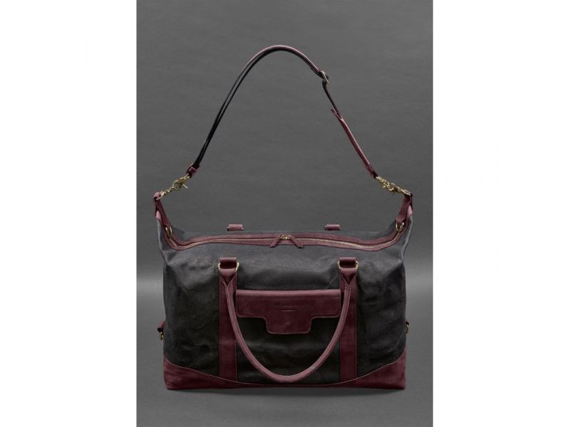 Дорожная сумка из канваса и натуральной бордовой кожи  Crazy Horse, фото 6