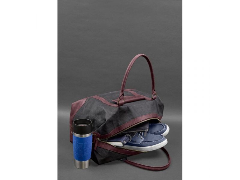 Дорожная сумка из канваса и натуральной бордовой кожи  Crazy Horse, фото 9