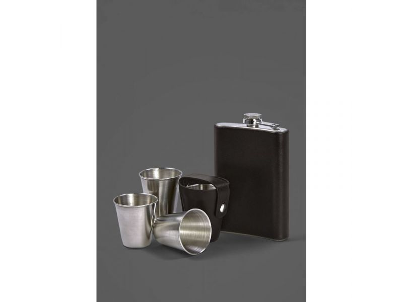 Набор с флягой и рюмками в кожаном чехле темно-коричневый, фото 2