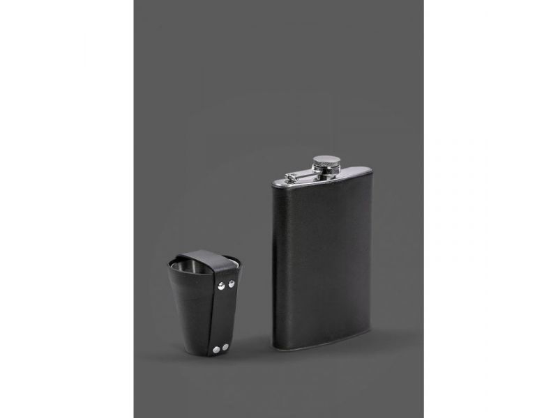 Набор с флягой и рюмками в кожаном чехле черный, фото 1