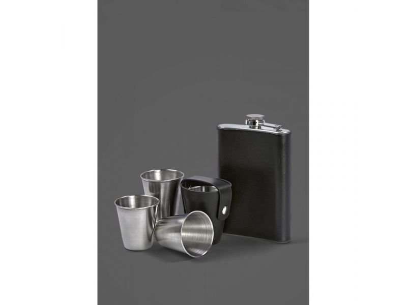 Набор с флягой и рюмками в кожаном чехле черный, фото 2