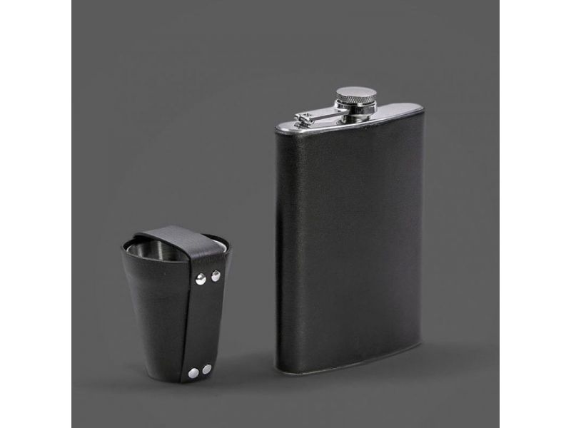 Набор с флягой и рюмками в кожаном чехле черный, фото 3