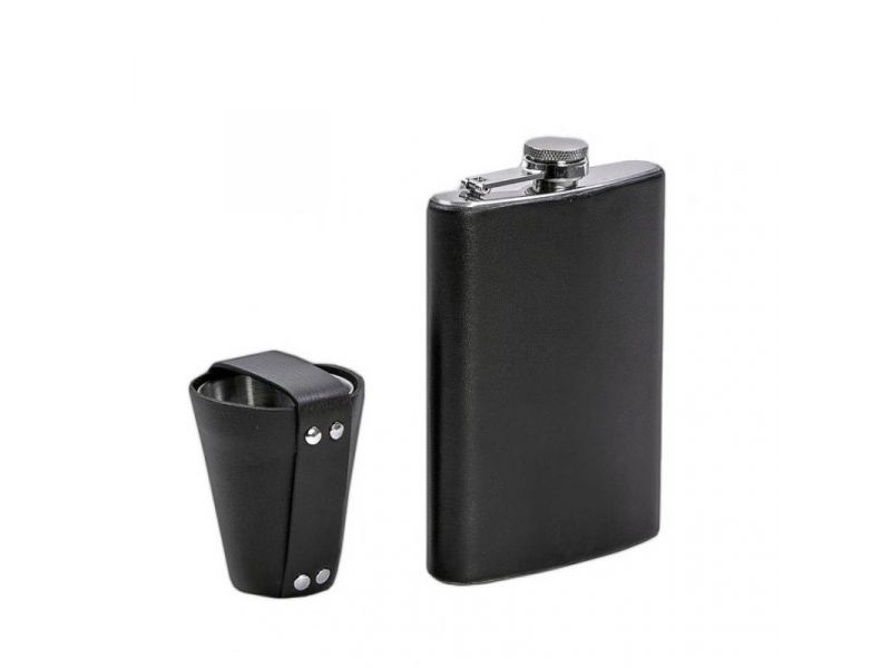 Набор с флягой и рюмками в кожаном чехле черный, фото 4
