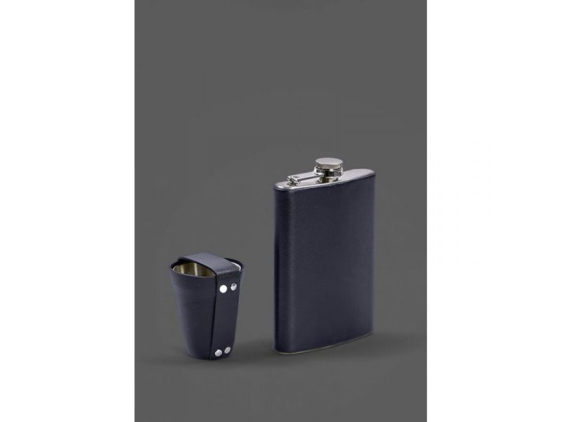 Набор с флягой и рюмками в кожаном чехле темно-синий, фото 1