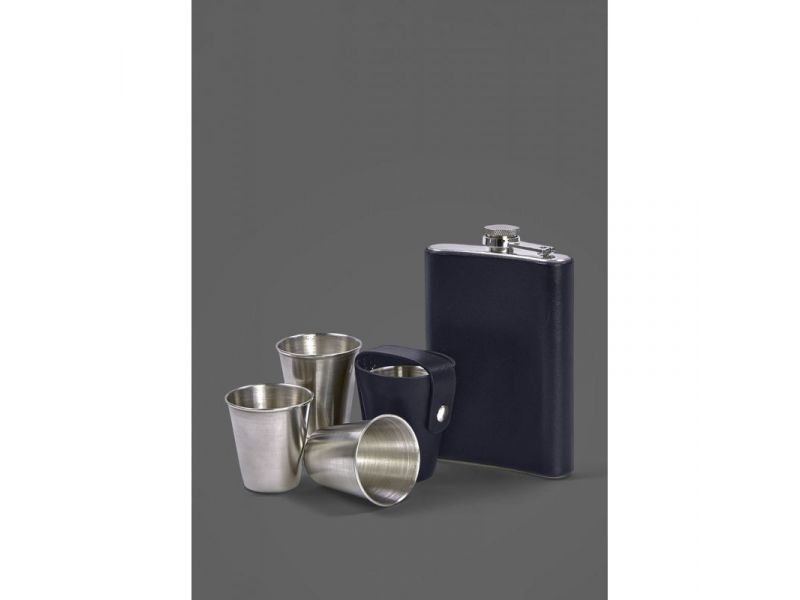 Набор с флягой и рюмками в кожаном чехле темно-синий, фото 2