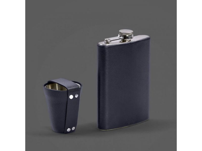 Набор с флягой и рюмками в кожаном чехле темно-синий, фото 3