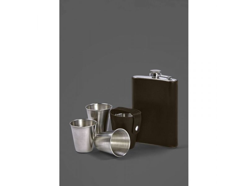 Набор с флягой и рюмками в кожаном чехле темно-коричневый Crazy Horse, фото 2