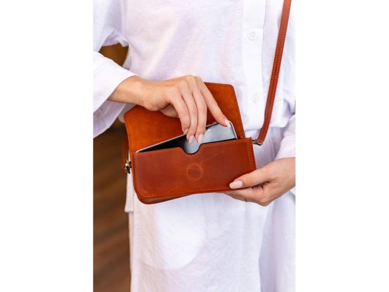 Кожаная сумка-футляр для очков (мини-сумка) светло-коричневая Crazy Horse, фото 8