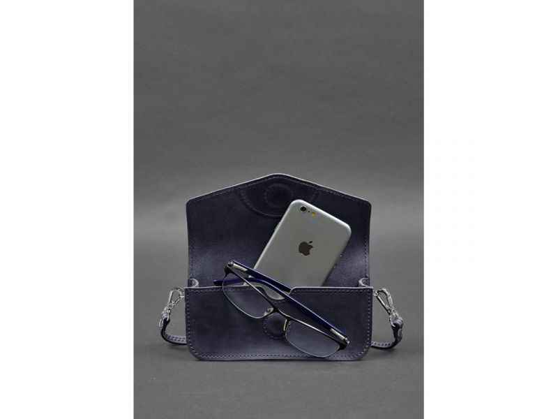 Кожаная сумка-футляр для очков (мини-сумка) синий Crazy Horse, фото 2