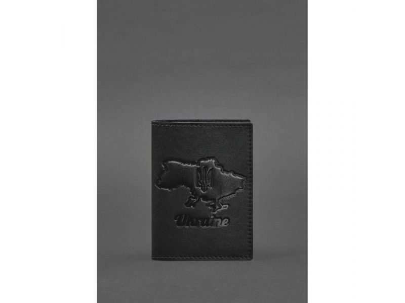 Кожаная обложка для паспорта с картой Украины черный краст, фото 1